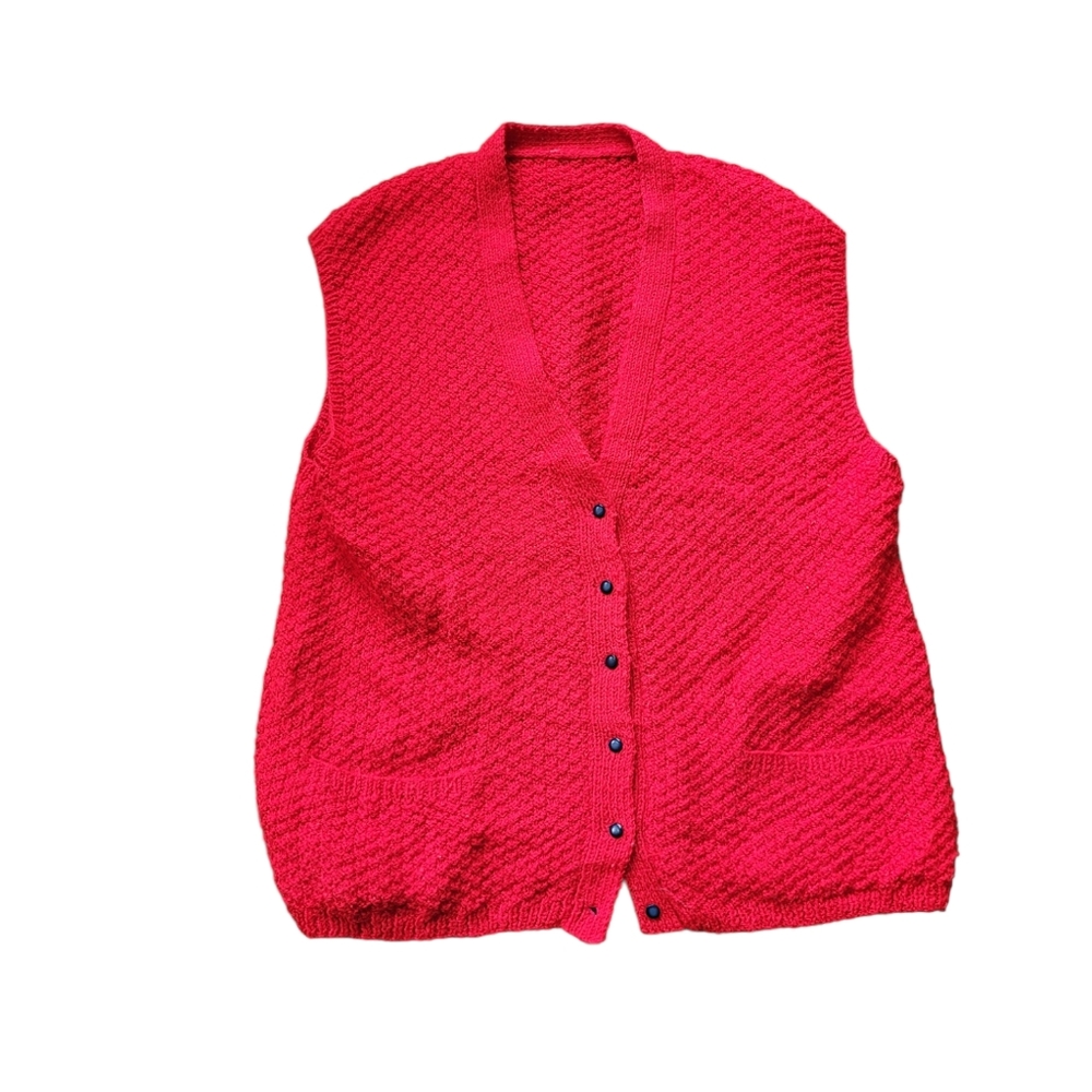 Oversized handmade button up knit vest bright red
